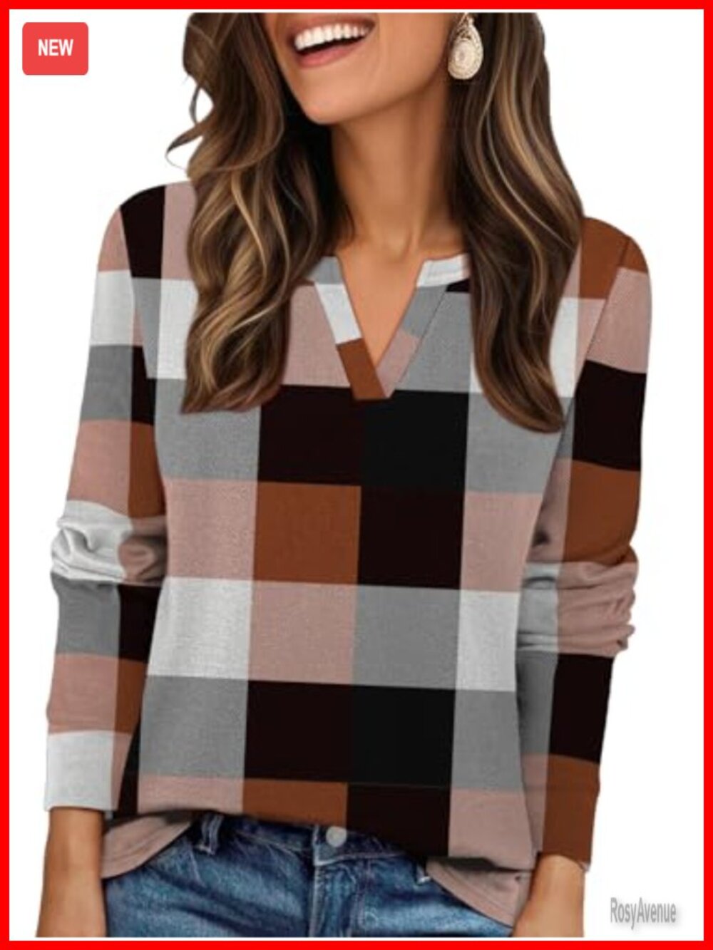 Womens Plaid V Neck Fleece Pullover Top Long Sleeve Fall Winter